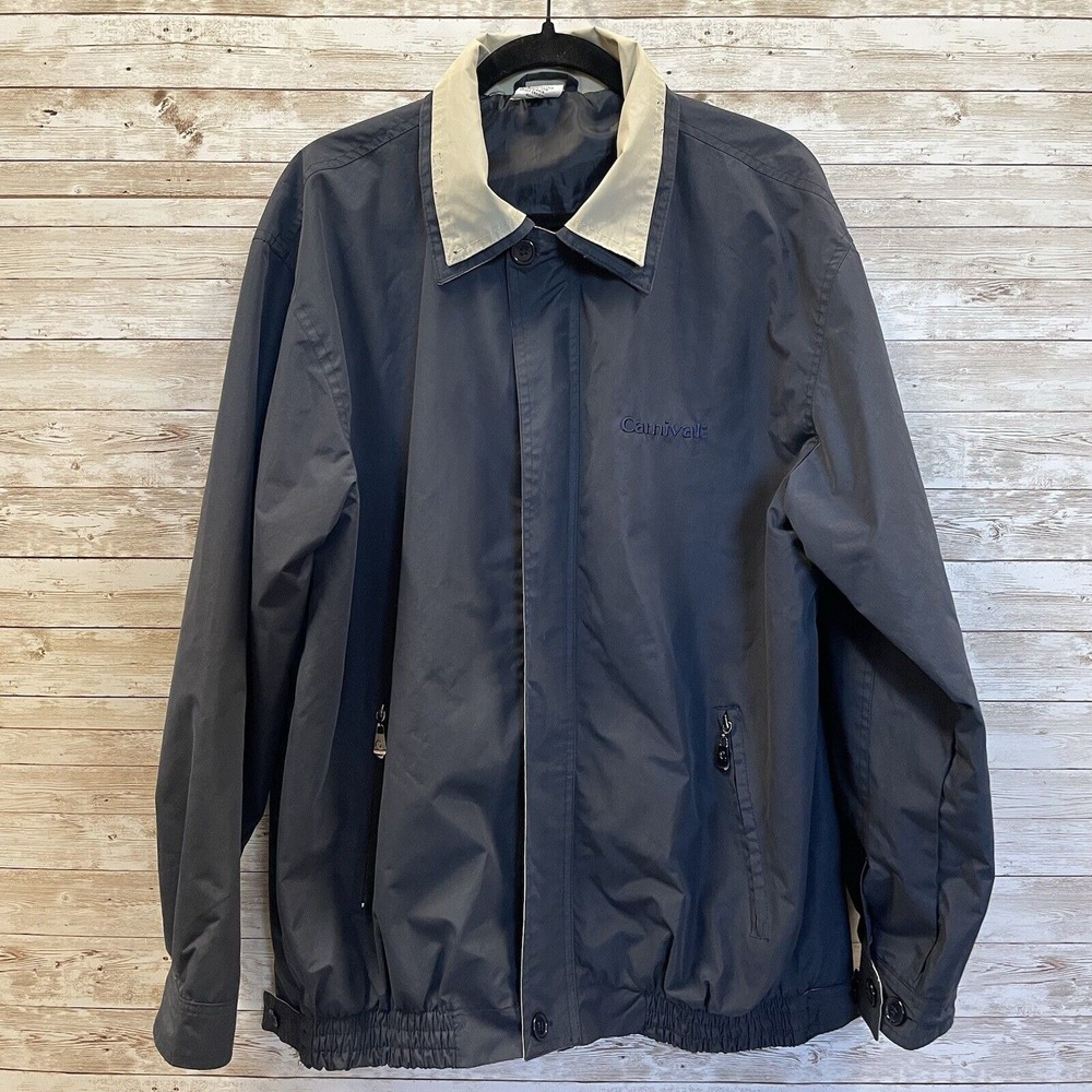 Carnival Mens L Jacket Navy Blue & Tan Rain Windbreaker Full Zip &‎ 2 Button